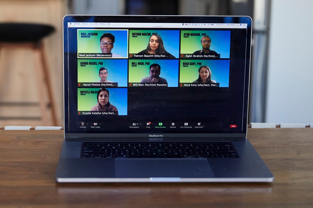 Laptop with seven teenage zoom partcipants in a grid view.