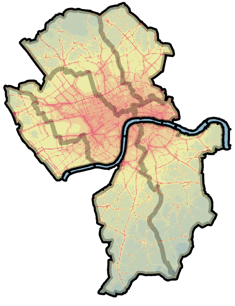 Map of central london in 2016 showing very high levels of NO2