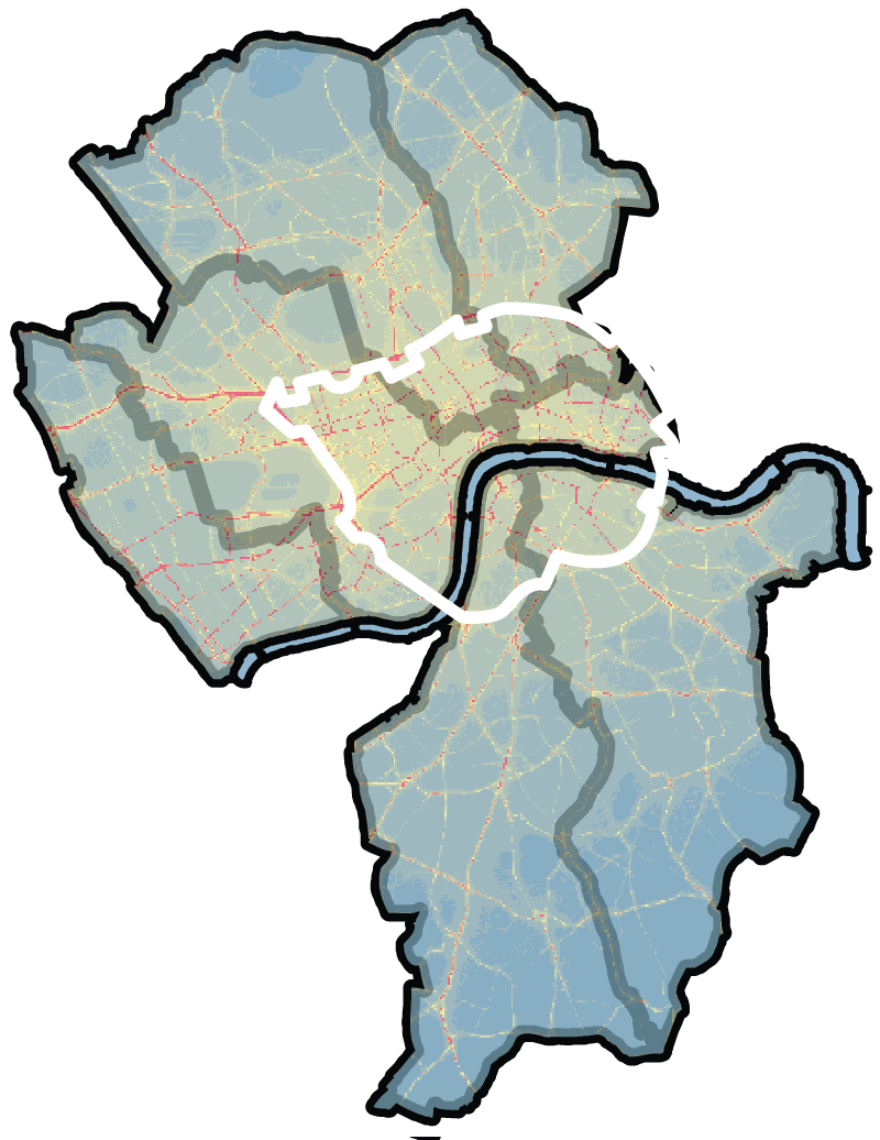 Central london in 2019 showing much better NO2 levels with a white outline showing the part of the city that inside the ULEZ zone.