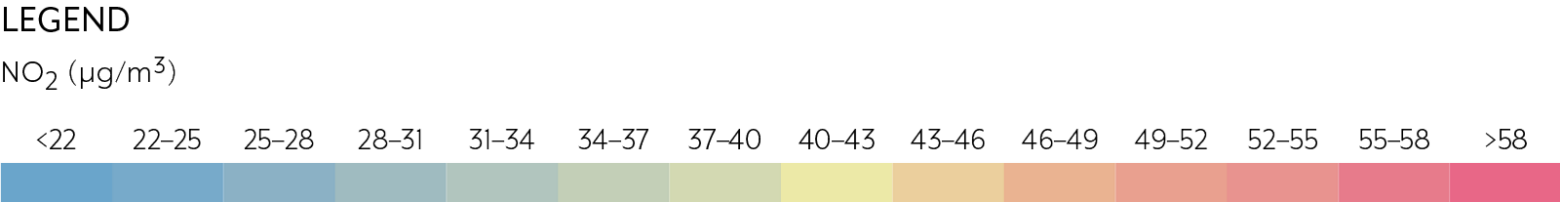 Map legend depicting range of colors for NO2 exposure from safe (blue) to danger (orange)