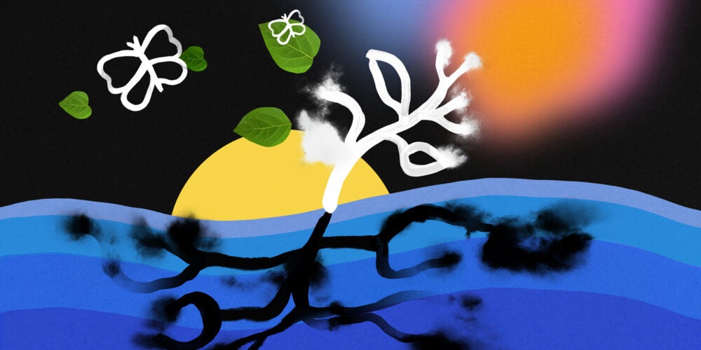 Illustration: A white, plant-like line grows out of blue gradient waves. Beneath the surface, the plant turns black and looks like its eroding. White butterflies, green collaged leaves, a white sun, and orange glowing orb complete the image.