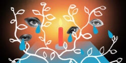 Illustration: white plant vines emerge from a blue table like shape in the foreground. A candle with a warm, glowing flame created a orange orb around the flame behind the vines. Four black and white, cut-paper eyes are interspersed in the scene.