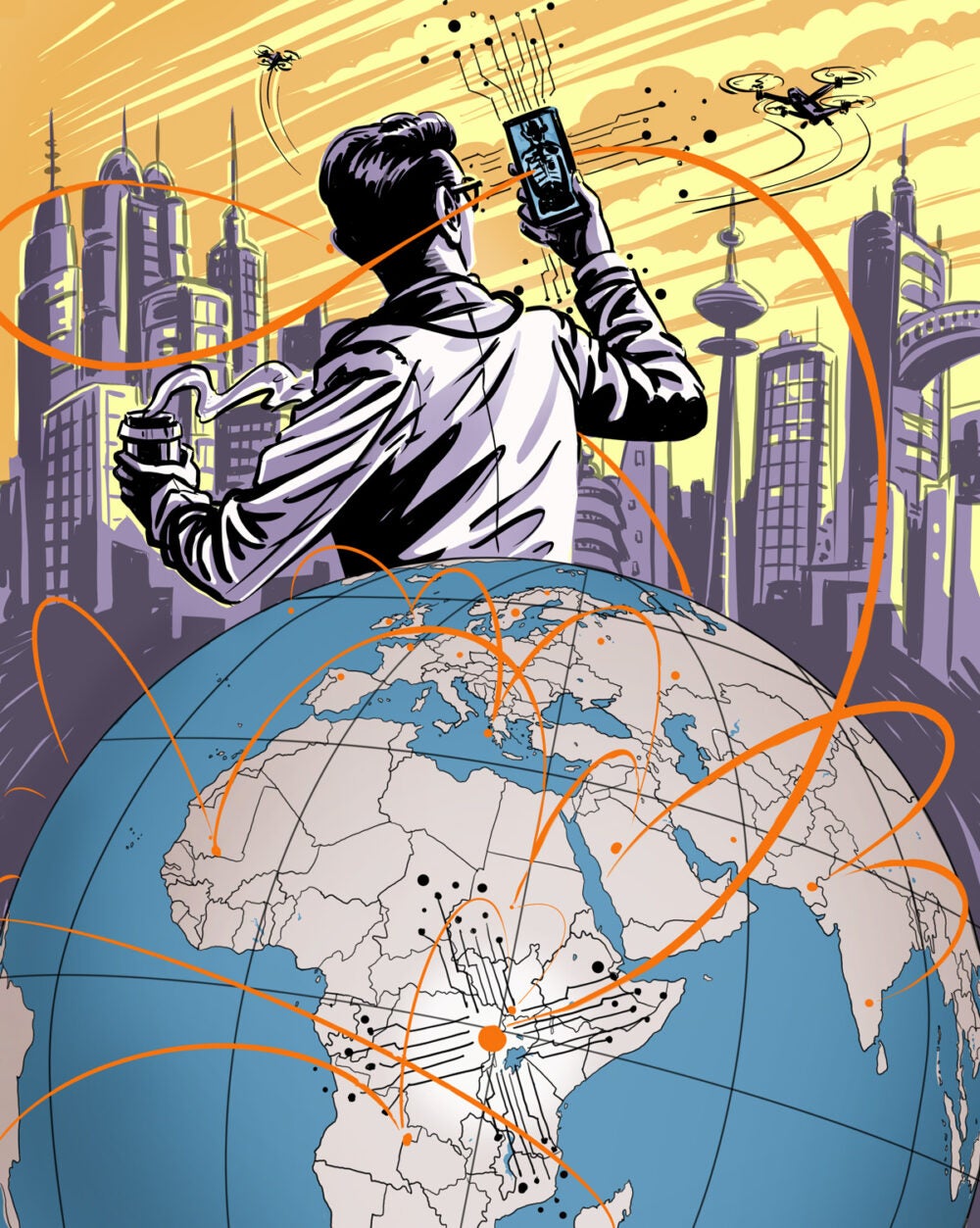 Comic book style illustration with globe in forground, modern urban city in background. Orange lines spring from dots around the globe and into the air. A mecial professional stands behind the globe, back turned, holding a coffee in one hand, looking at a phone in the other at unspecified health information. Drones and helicopters fly in the sky. City is drawn in light purple, sky is orange and yellow.