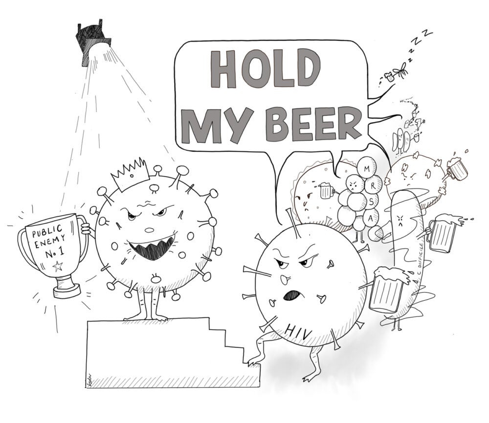 Cartoon: A black and white drawing of bacteria and virus cells with faces in line for a trophy. A COVID-19 cell stands on a podium under a spotlight while the other viruses shout "hold my beer"