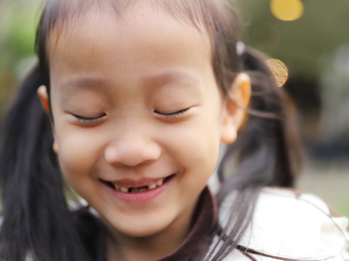 Young Asian child with pigtails, smiling with her eyes closed, revleaing two missing teeth. She is outside, perhaps in a park.