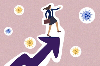 Illustration: A businesswoman stands on top of an arrow holding a briefcase, taking a step in mid-air. Yellow and blue Covid-19 viruses float around her. The illustration is on a pink speckled background.