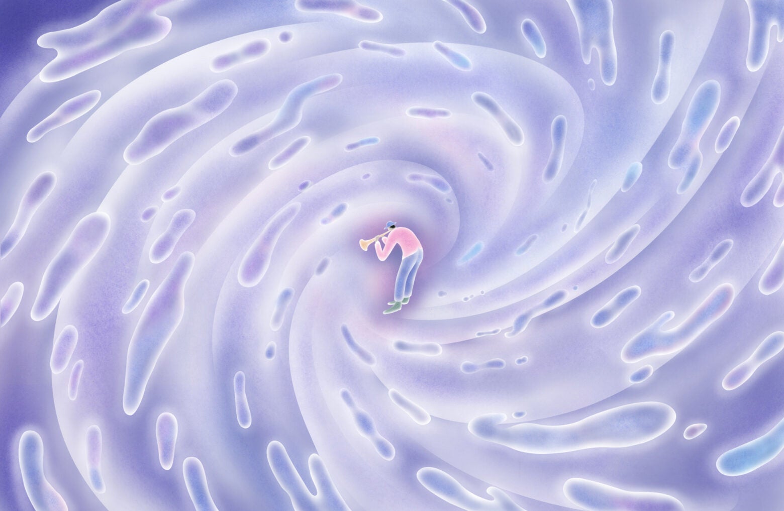 Illustration: A trumpet player in blue pants and a pink top plays in the center of a swirl of purple and blue shapes. 