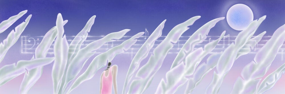 Illustration: A small figure wearing a pink top with brown long hair pulled back with their back turned stands in front of oversized banana leaves and a music staff. A purple moon glows in the top right corner.