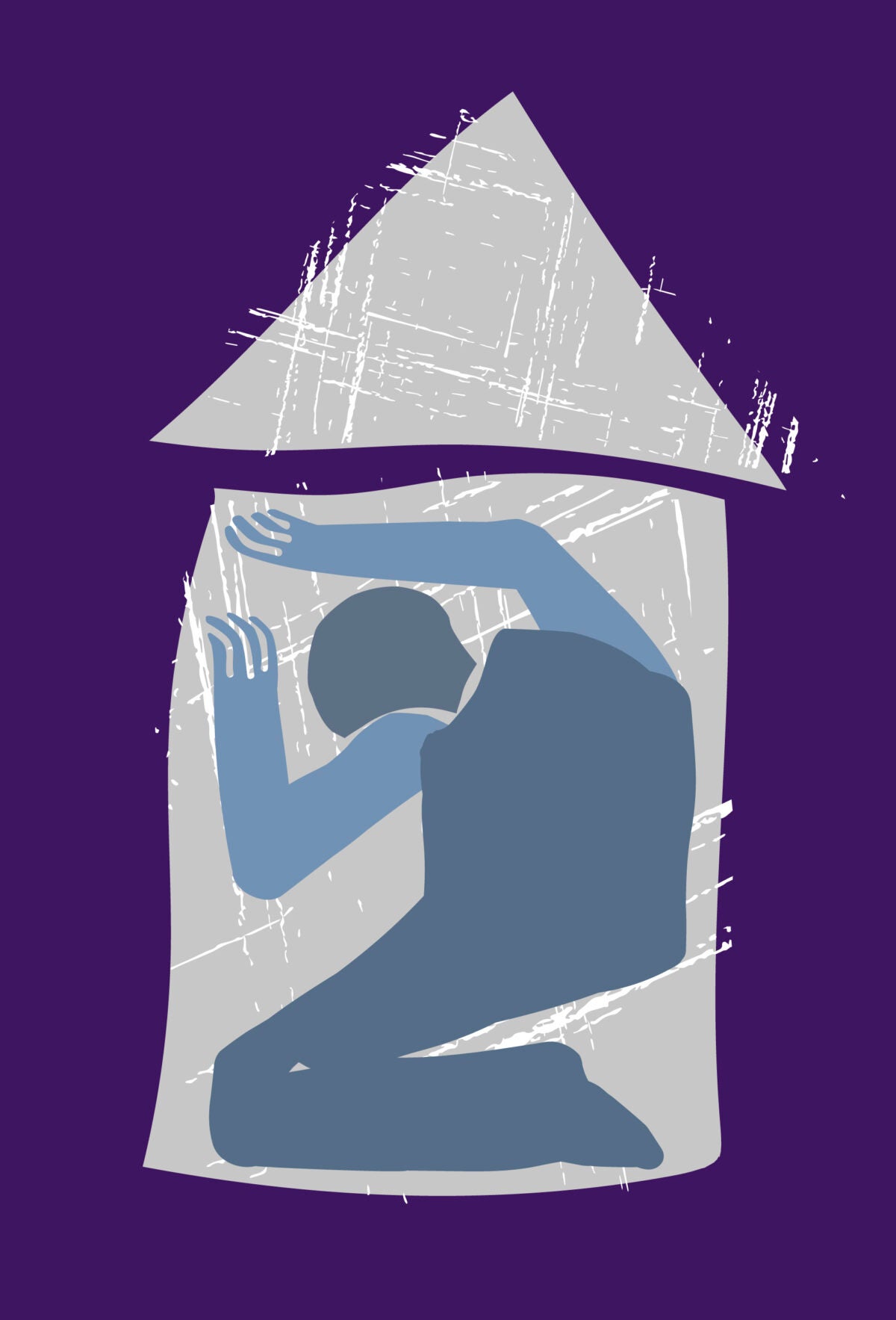 Illustration: A blue figure with its back turned, crouches in a housethat is closing in on them. White hash marks are layered on the house; which is gray in color.