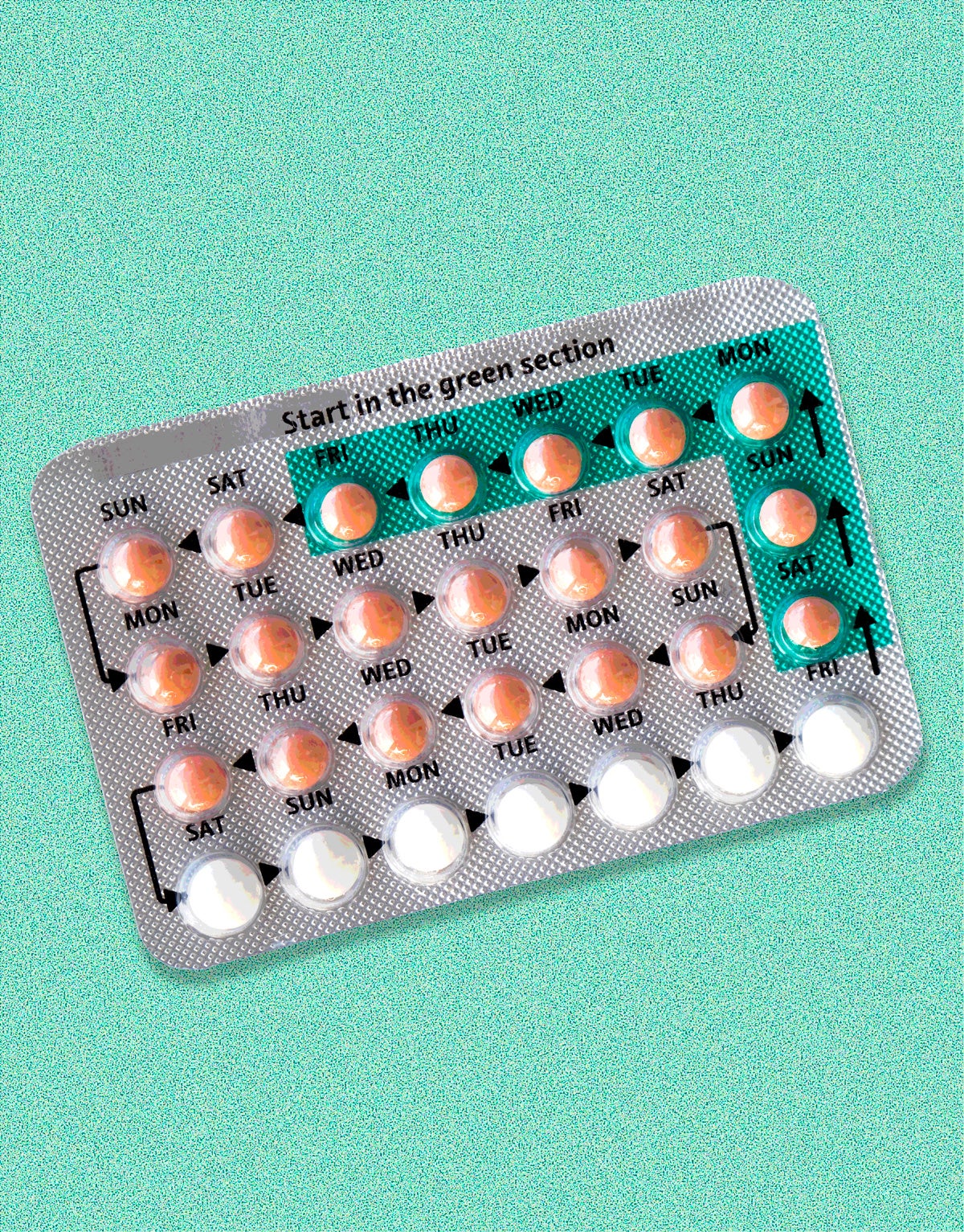 An unopened pack of birth control pills rests on a light teal background. The pills are in four rows of seven; three rows have orange pills, the last row has white pills.