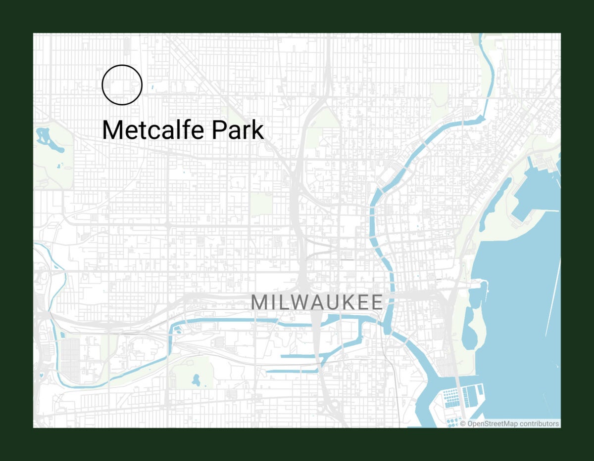 Street map of Milwaukee, Wisconsin. The Metcalfe Park neighborhood is circled in the top left.