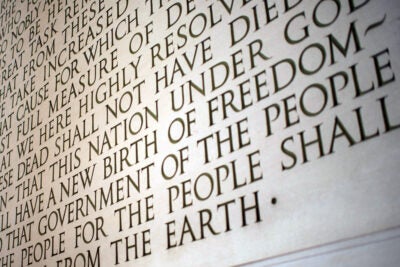 Close-up of the Gettysburg address at the Lincoln Memorial