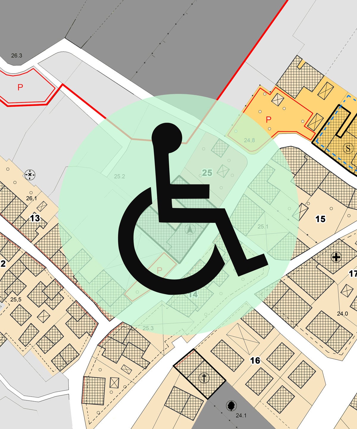 Photo Illustration: A unspecific zoning map is shaded with grays, tans, and pinks. A black wheelchair symbol (traditional ADA symbol) sits on a light green opaque circle.