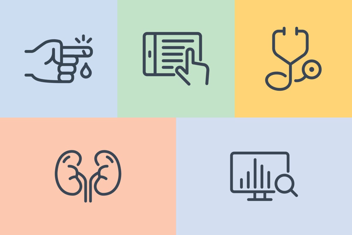 Illustration: A pastel patchwork grid of five icons: L-R: finger print with prick of blood, tablet with lines and a hand-finger-point, a stethoscope, kidney organs, and a computer with a chart and magnifying glass.