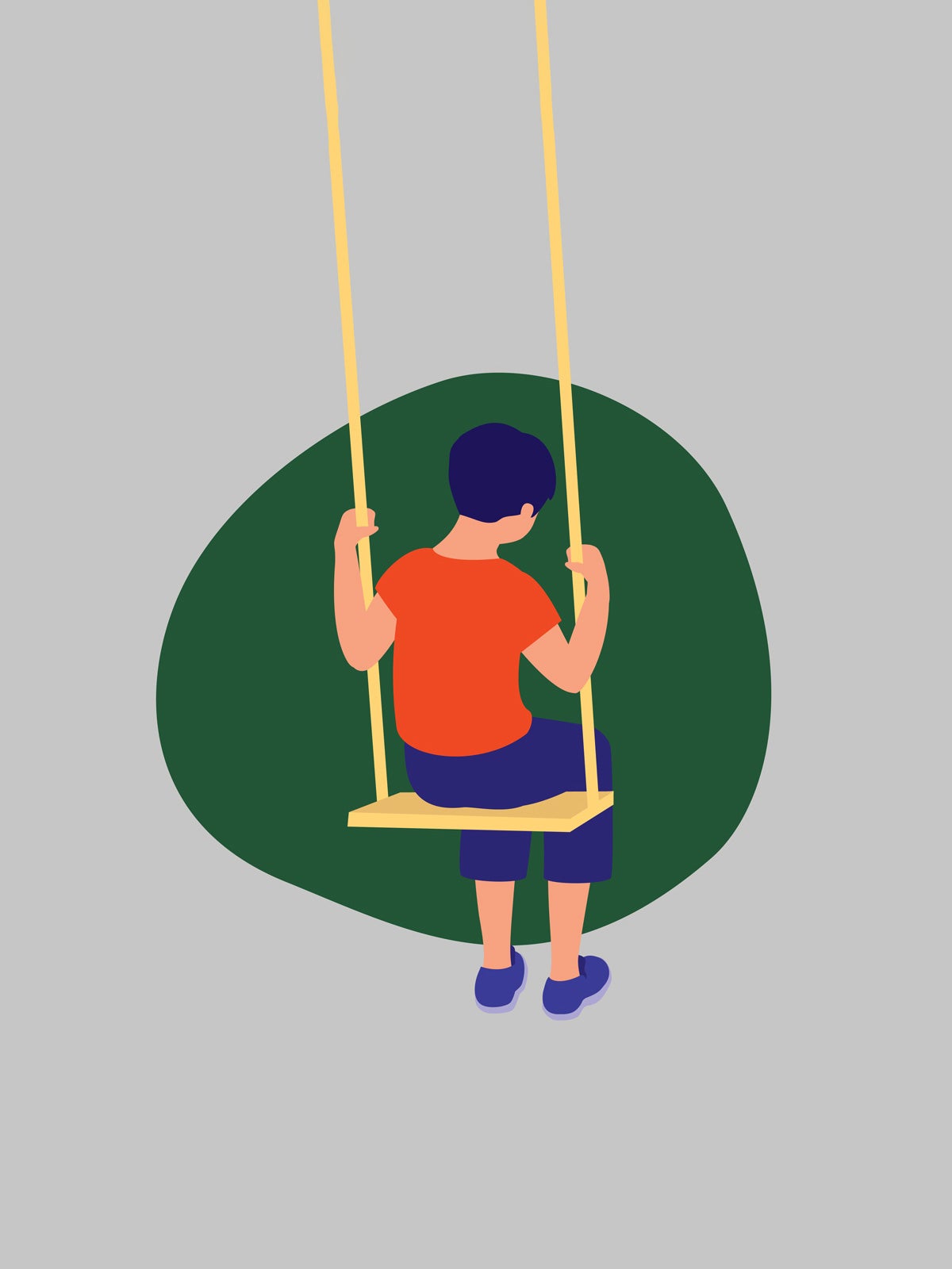Illustration: A child yellow sits on a swing, facing away from the viewer. They are wearing purple pants and shoes, and an orange shirt. The figure is in an organic green circular shape, and the background of the entire image is gray.