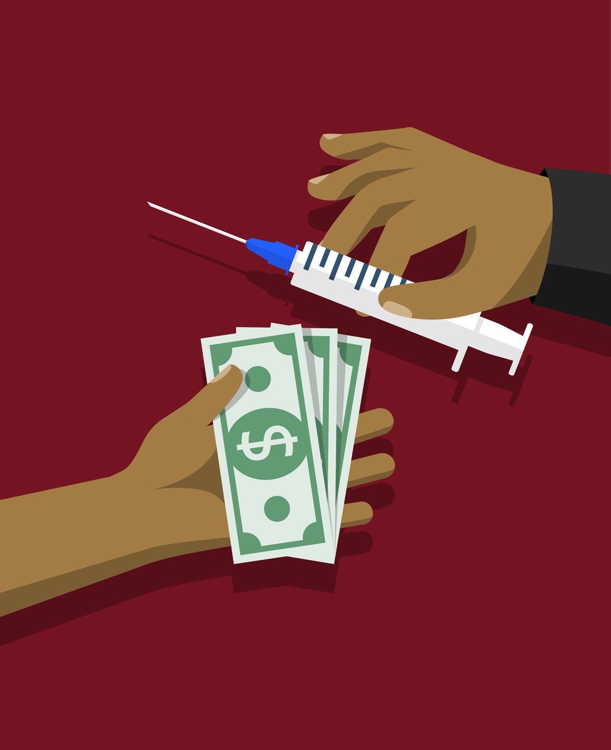 Illustration: Two tan hands reach toward each other. The one on the right holds a syringe. The one on the left holds a stack of US dollars. The background is a deep red.