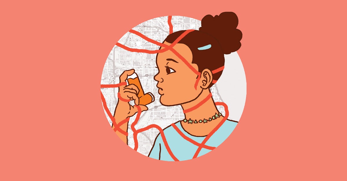 A young, brown girl with her in a bun and a blue barrette, wears a blue shirt and green beaded necklace, and holds an inhaler. She is drawn on top of a black and white city map with red lines over both the map and her figure. The drawing is on a blush background.