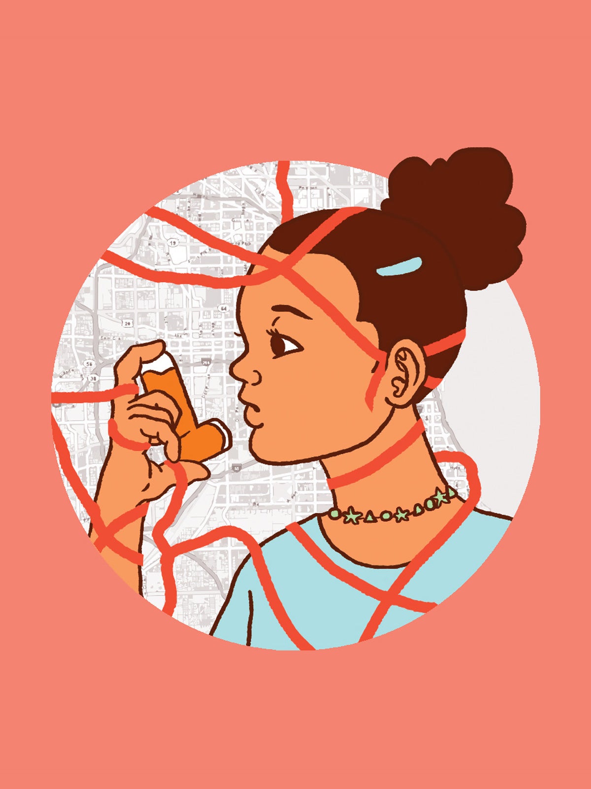 A young, brown girl with her in a bun and a blue barrette, wears a blue shirt and green beaded necklace, and holds an inhaler. She is drawn on top of a black and white city map with red lines over both the map and her figure. The drawing is on a blush background.