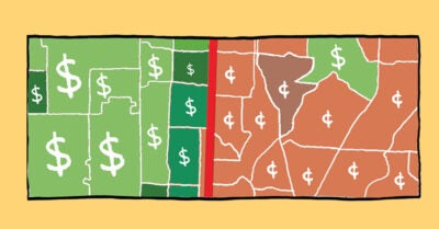 Illustration: A city map divided by a thick red line. The left side is green with dollar signs in squares, the right side is mostly dark orange with cent signs in squares.