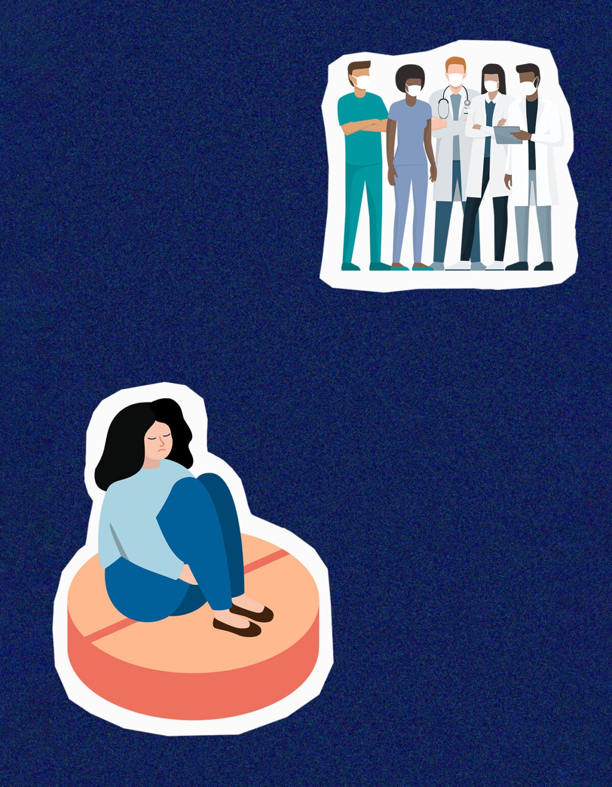 Illustration: A woman, dressed in blue, sits on an oversized pill in the left foreground. In the top right, a group of doctors stand with their arms crossed. The illustrations are on a dark blue static background.