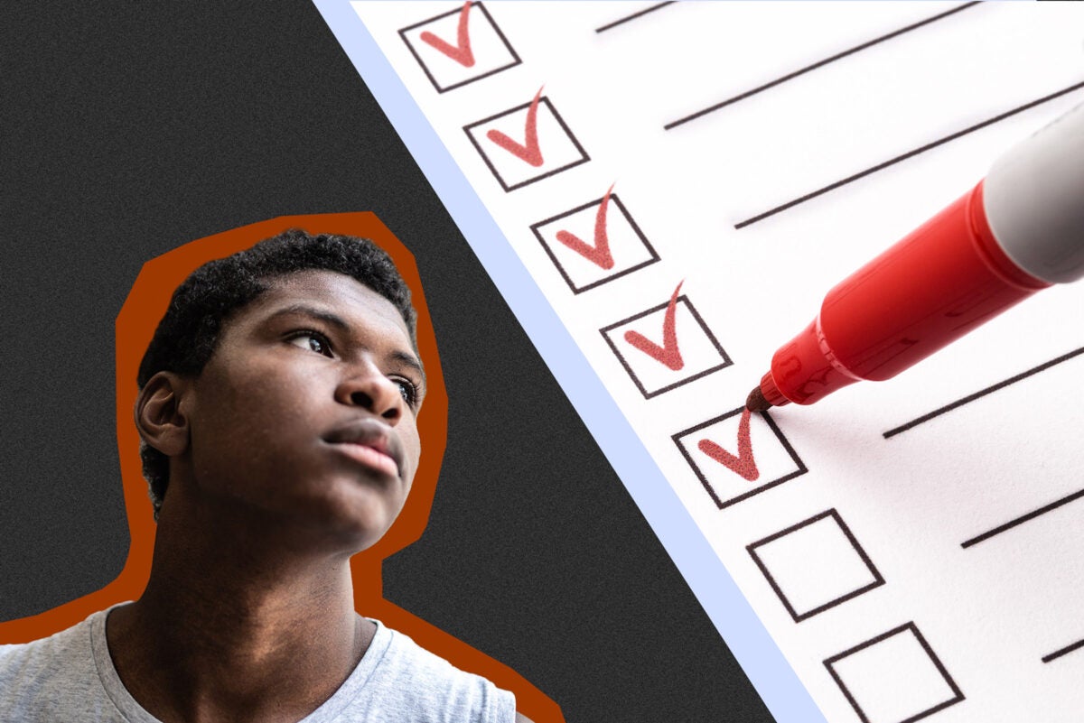 A young black boy looks off in the distance. Superimposed in the top right corner is an oversized checklist marked with thick red check-marks.