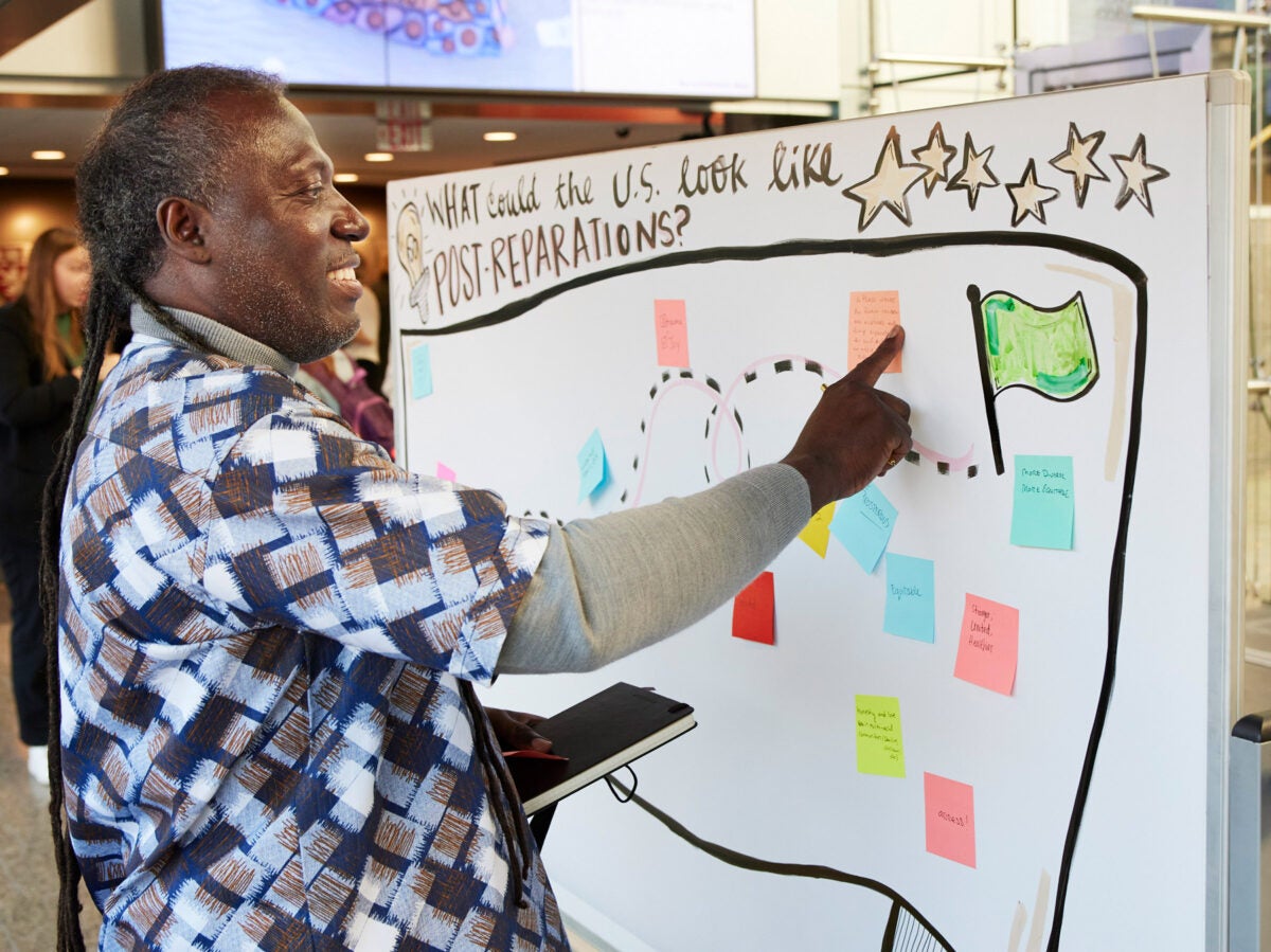 A black man with dredlocks, a blue patterned shirt, and a white undershirt, places a pink sticky note on a white board that asks “What could the U.S. look like post-reparations?”. The whiteboard is decorated with stars, a light bulb, a green flag, dotted lines, and other post-its.
