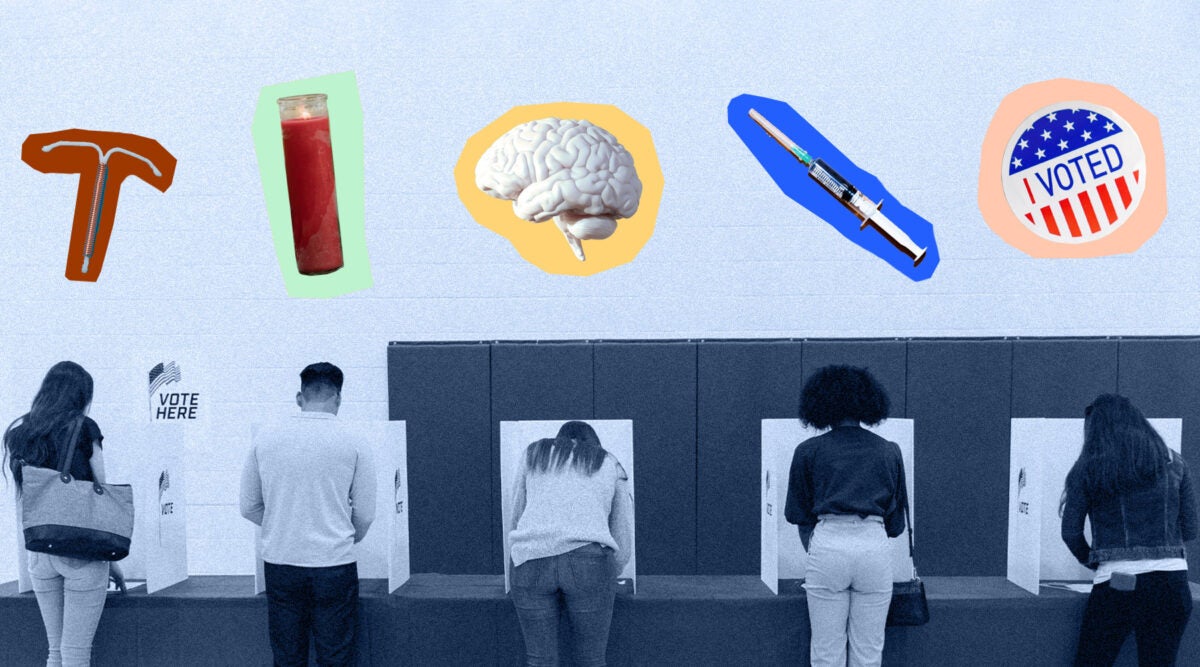 Photo illustration: Five people stand in front of polling stations with their backs turned to the viewer. Above each person, there is a cut-out photograph, L-R: , an IUD, a red memorial candle, a white brain a syringe, and a voting sticker.