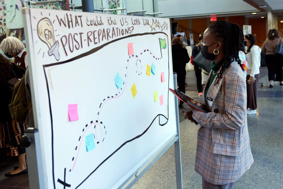 A young black woman wearing a blazer, gold hoops, and black face mask, reads post-it notes on a whiteboard that asks: What could the U.S. look like post-reparations?”. The whiteboard is decorated with stars, a light bulb, a green flag, dotted lines, and other post-its.