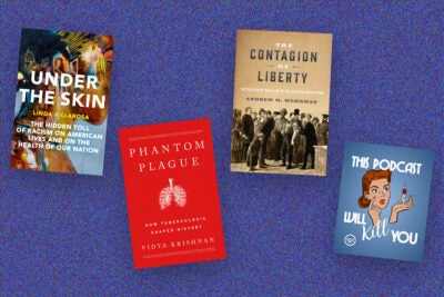 Photo illustration: Three book covers and one podcast tile on a blue speckled background.