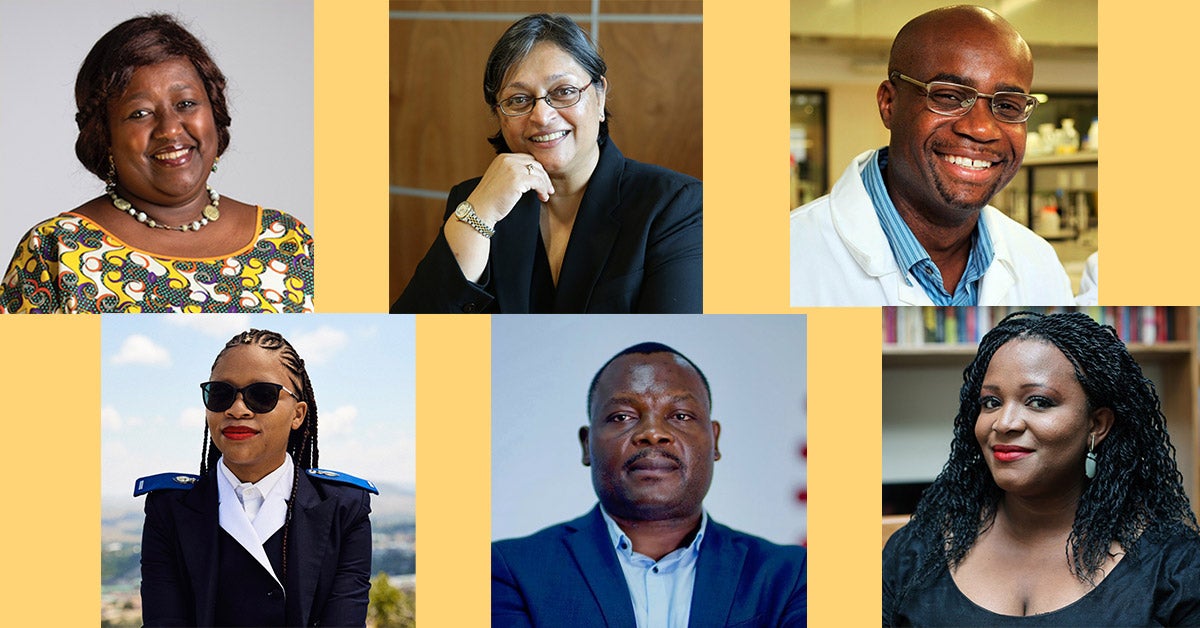 Six headshots of African leaders on a yellow background. 