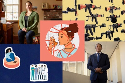 Photo collage of five artworks from Harvard Public Health Articles from 2022.