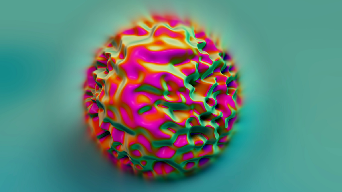 Photo illustration: Image of a single fluorescent virus on a light green background