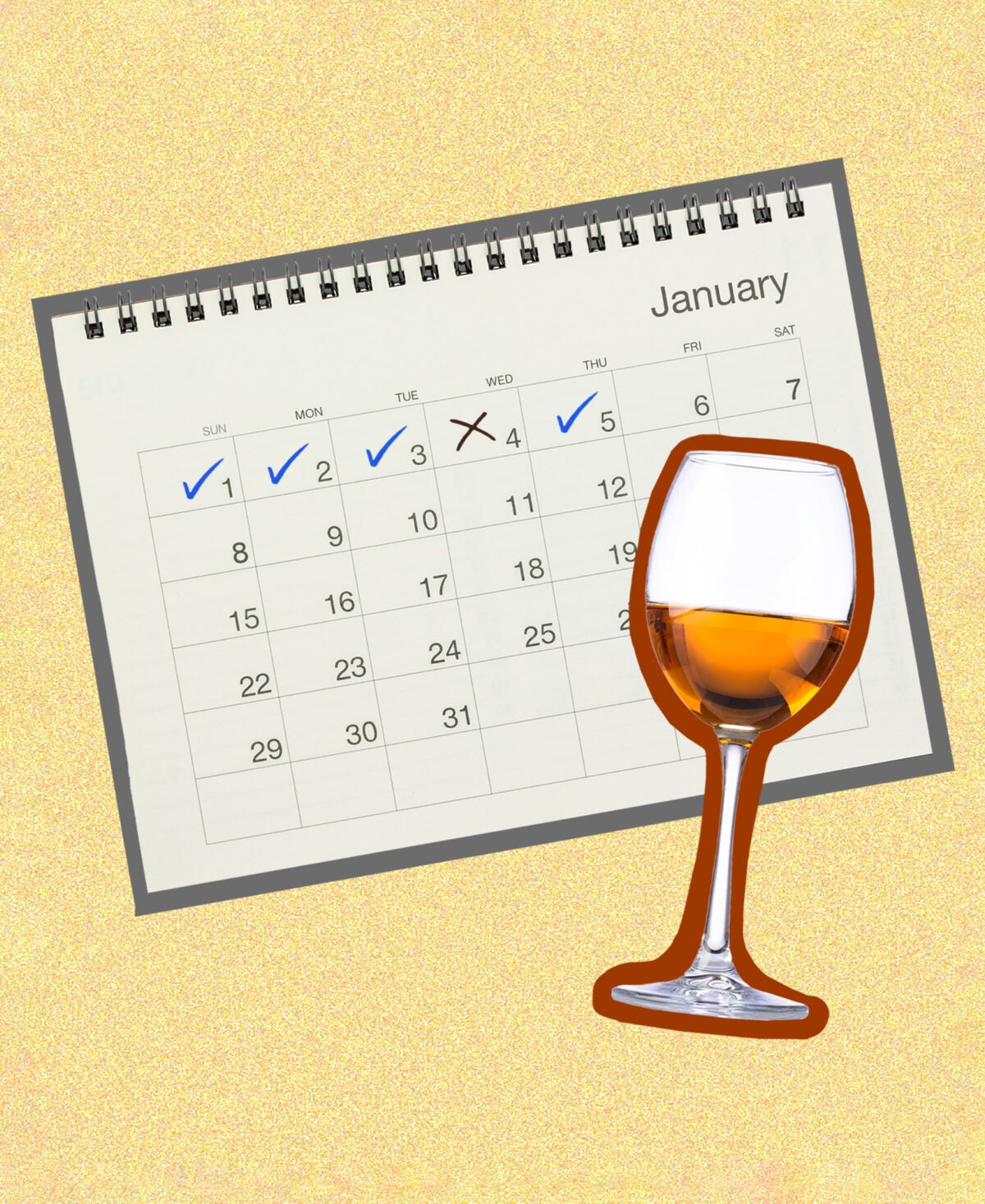 Photo illustration: A January calendar is marked with four check marks and one x for the first week of the month. In the foreground is a wine glass with orange liquid. The composition is on a yellow-speckled background.
