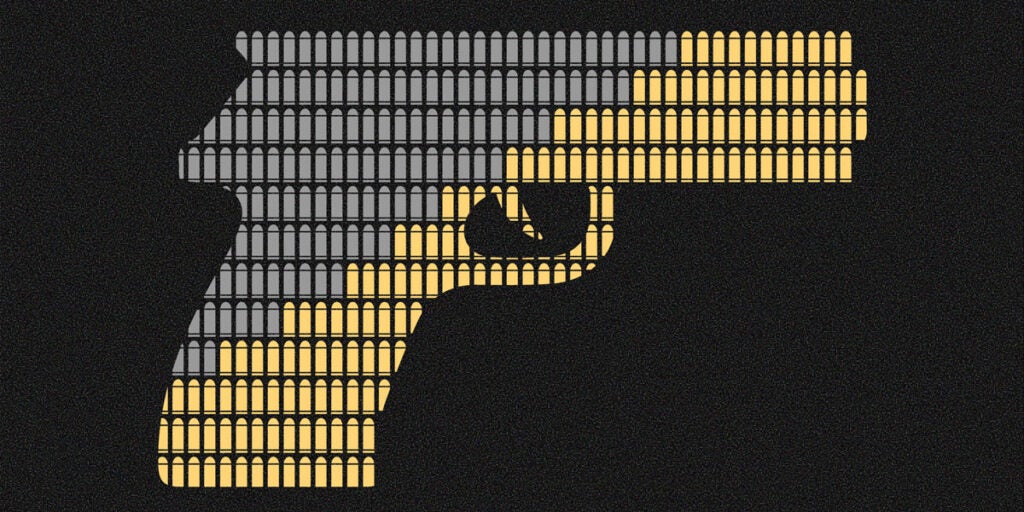 Illustration: A handgun is constructed using bullet icons. Half of the bullets are grey. The other half are yellow and grow on a diagonal.