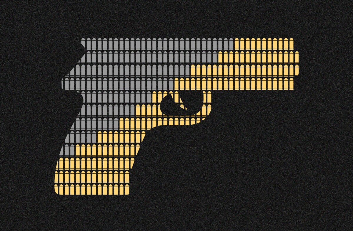 Illustration: A handgun is constructed using bullet icons. Half of the bullets are grey. The other half are yellow and grow on a diagonal.