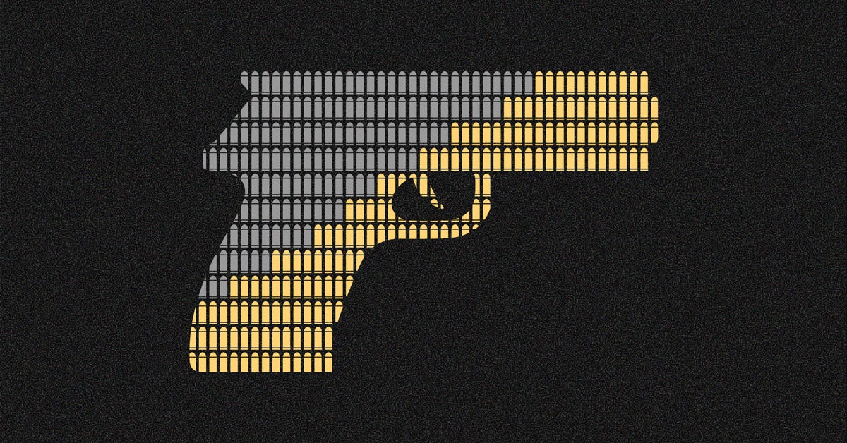 Illustration: A handgun is constructed using bullet icons. Half of the bullets are grey. The other half are yellow and grow on a diagonal.