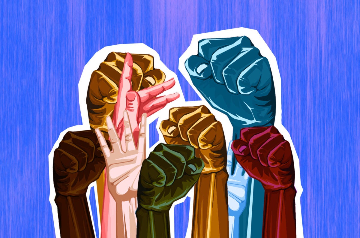 Against a blue textured background, multiple fists and open hands are raised in rich, bold colors.