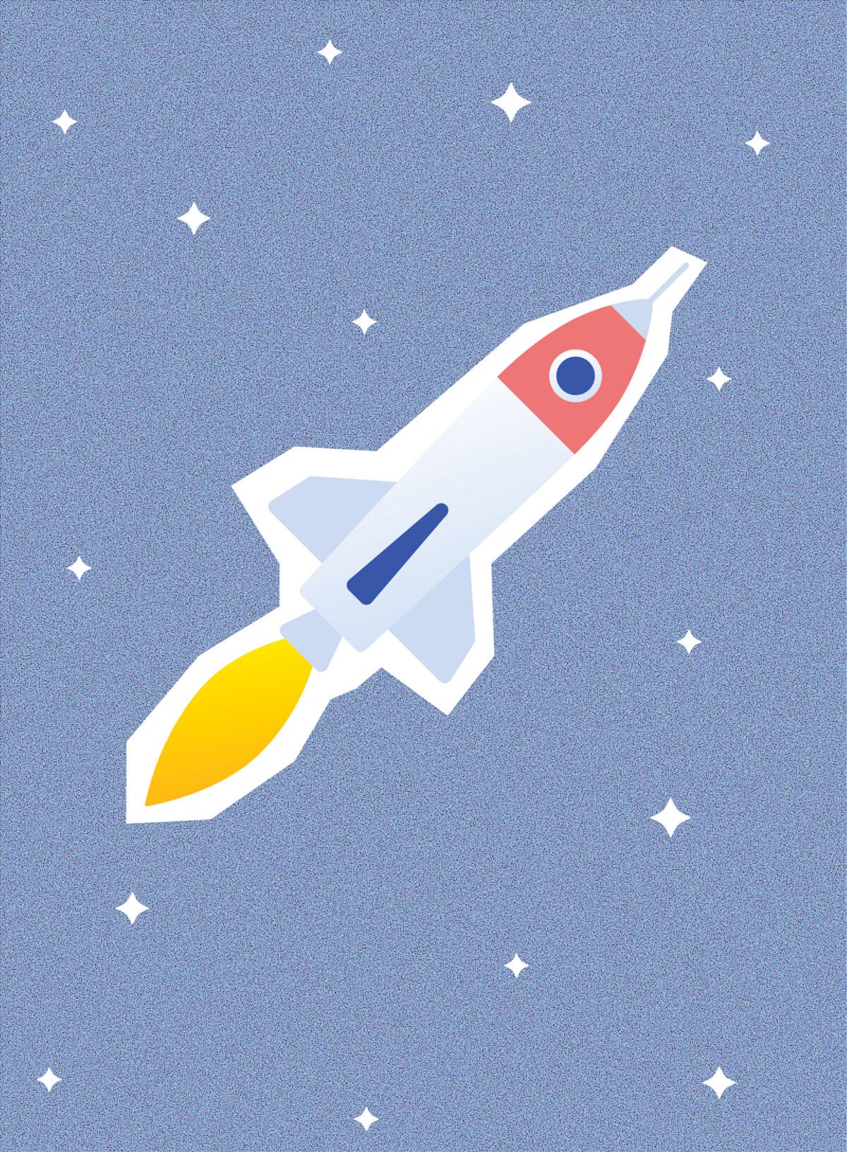 Illustration: A rocket-ship flies mid-air in a dark blue-speckled sky with white stars scattered around it. The rocket is blue-silver in color and has a rose nose section and yellow flame out of its exhaust.
