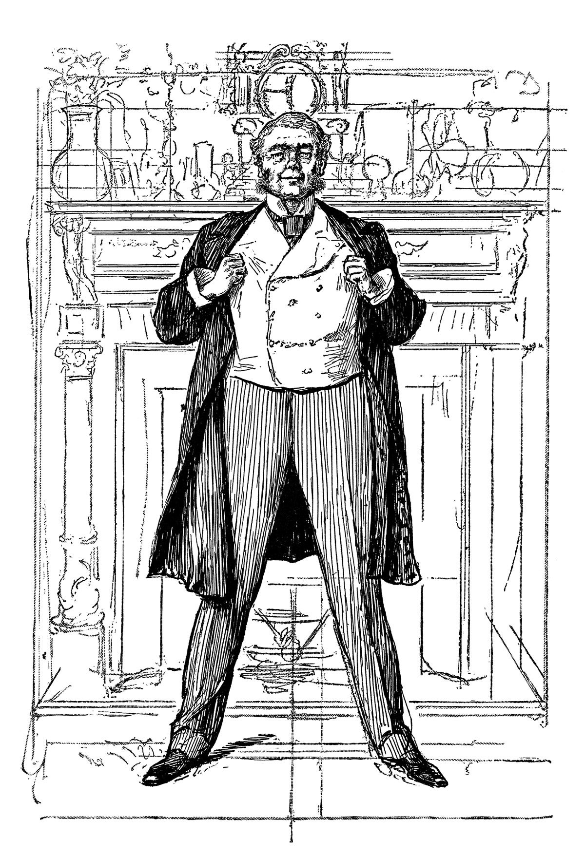 Historical-style illustration: åçA man in formal wear — vest, suit coat, ascot, high collars — stands in front of an ornate fireplace with his hands tucked under his arms, pushing out his chest in a proud expression.