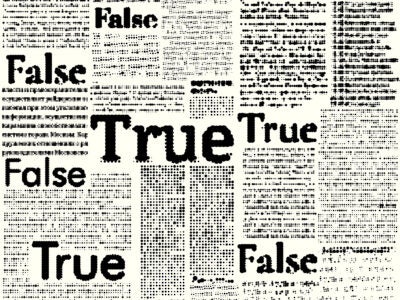 Illustration: The words “True” and “False” act as headlines on a newspaper page. No other words are legible. A half-tone effect overlays composition.