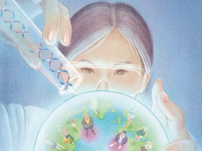 Illustration: A scientist gazes into a crystal ball. One hand has a test-tube full of DNA molecules while the other rests on the other side of the ball. Inside the sphere is the earth with humans standing on the continent. Certain figures are highlighted with a purple spot.