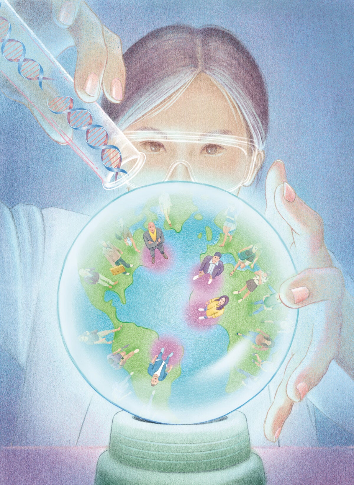 Illustration: A scientist gazes into a crystal ball. One hand has a test-tube full of DNA molecules while the other rests on the other side of the ball. Inside the sphere is the earth with humans standing on the continent. Certain figures are highlighted with a purple spot.