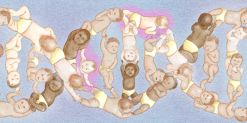 Illustration: Hand-drawn human babies hold hands to create a DNA strand. Certain babies glow purple.