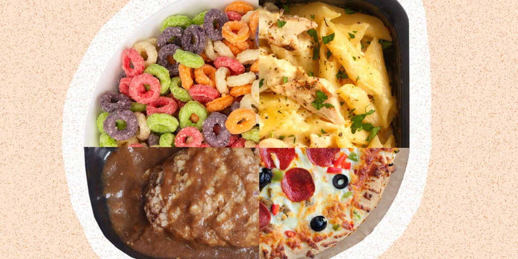 Photo illustration: A circle is divided into quarters of four types of processed food. From top left: fruit loop cereal, microwave pasta bake with chicken, frozen supreme pizza, microwave meat with gravy. The image is against a peach-speckled background.