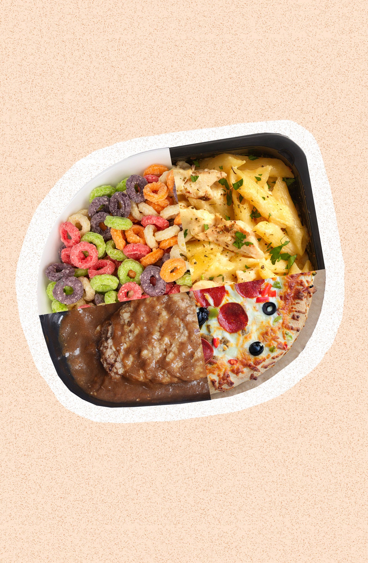 Photo illustration: A circle is divided into quarters of four types of processed food. From top left: fruit loop cereal, microwave pasta bake with chicken, frozen supreme pizza, microwave meat with gravy. The image is against a peach-speckled background.
