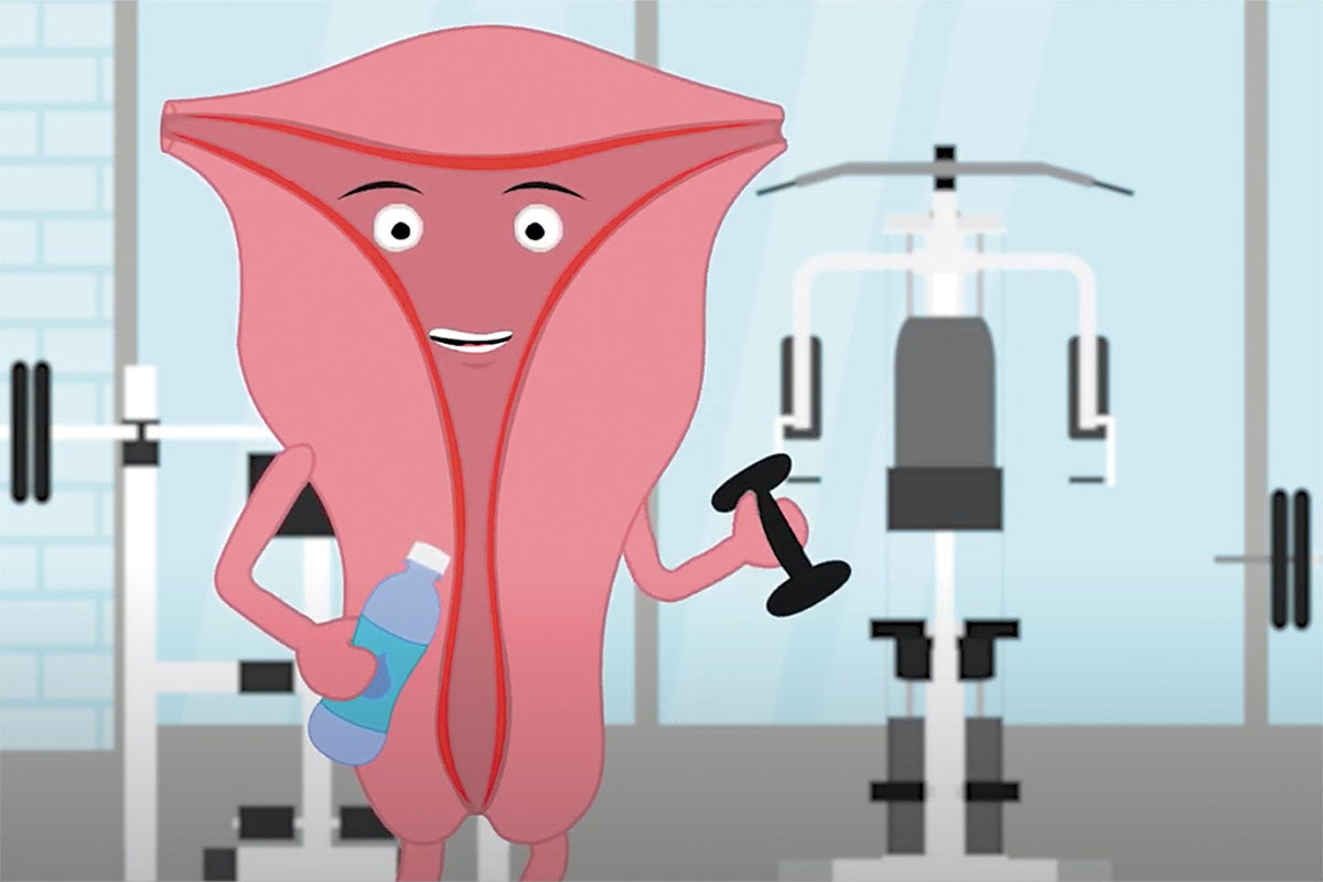 Illustration: A pink, personified drawing of a uterus in a weight-room, holds a water bottle and hand weight.