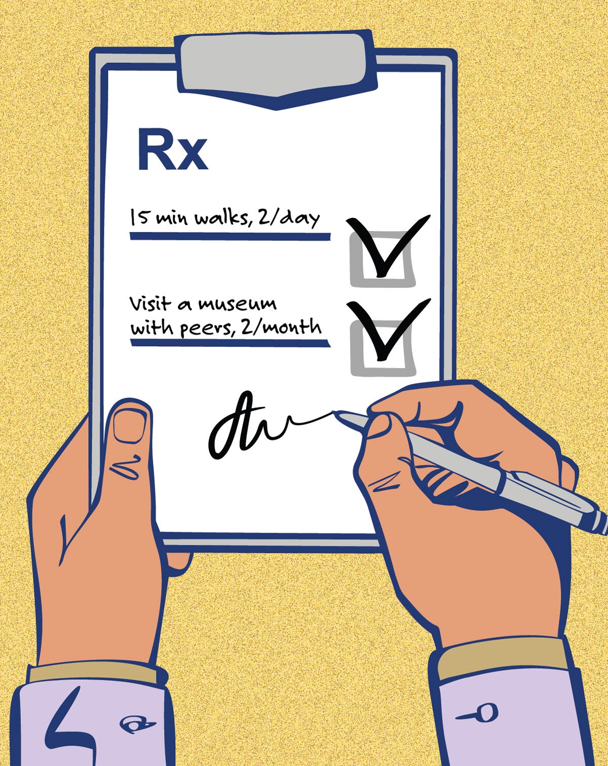 Illustration: A paper prescription note reads “ 15 min walks, 2/day” and “Visit a museum with peers, 2/month.” It is clipped on a grey clipboard held by one hand while the other signs the prescription. The illustration is on a yellow-speckled background.