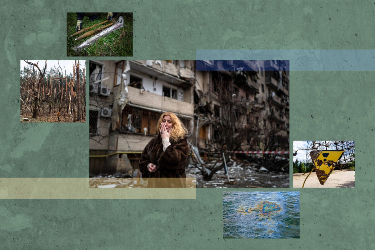 Photo illustration: Five images depicting destruction in Ukraine are compiled against a green-concrete background. A blue opaque bar comes in from the top-middle right and a yellow bar comes in from the bottom-middle left. The images show, from left: a forest with burnt trees, three unexploded missiles in a pile of grass, a blonde woman holding back tears in front of an exploded apartment complex, an oil slick in an ocean, and a rusted nuclear radiation sign.