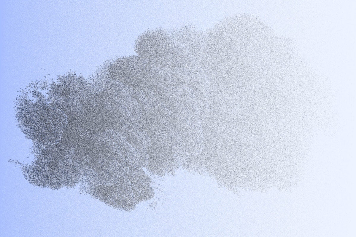 Photo illustration: A large dark gray cloud of dust and smoke on a light purple-blue background slowly fades to white.