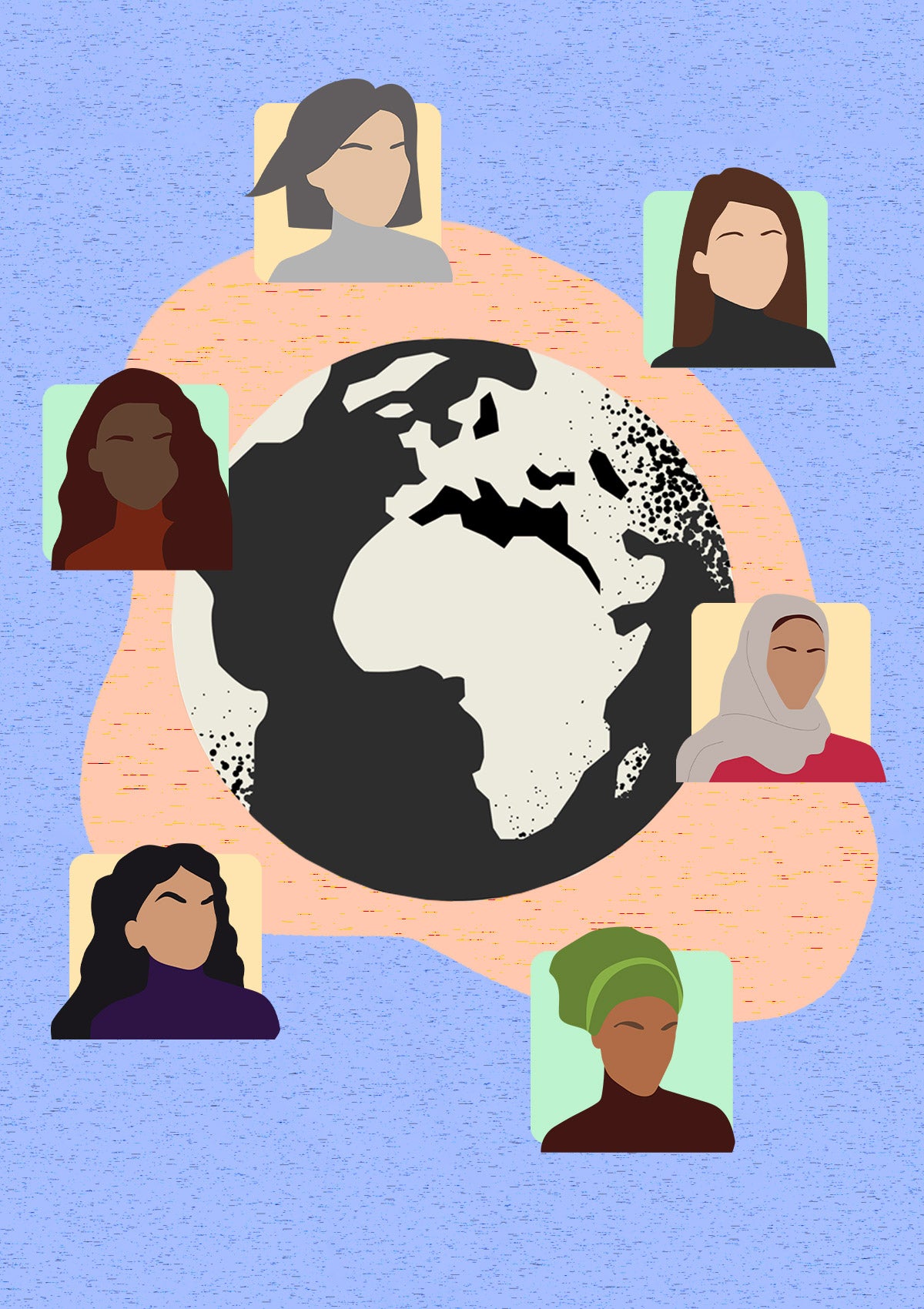 Illustration: Six diverse illustrated female figures, shoulder height and above, rest in six individual squares around an illustrated black and white globe. The composition is on a purple-speckled background with a coral-speckled fluid shape behind the earth.